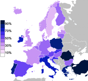 Mapa Evropy - Kolik procent lidí věří v boha?