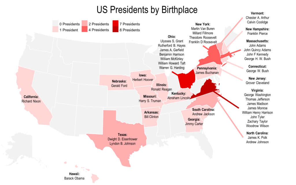 Američtí prezidenti podle místa narození