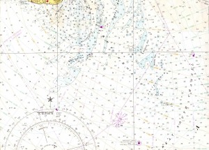 Námořní mapa vod jižně od ostrova Nantucket. Fialová značka v pravé části u dolního okraje zobrazuje bóji Nantucket Shoals.
